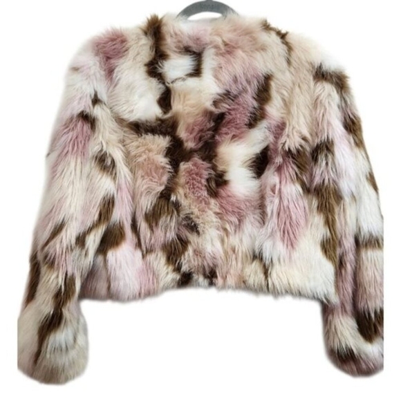 NIMO WANG Faux Fur Jacket Multicolor Pink Brown White |Boho Statement Outerwear - Picture 6 of 12